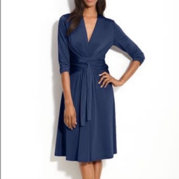 Eliza J Long Sleeve Wrap Dress Womens 0 Navy Blue‎ V-Neck Casual Back Zip Casual - Picture 1 of 11